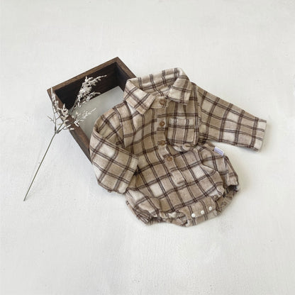 長袖ロンパース チェック シャツ襟 ボディスーツ【mh0011633】