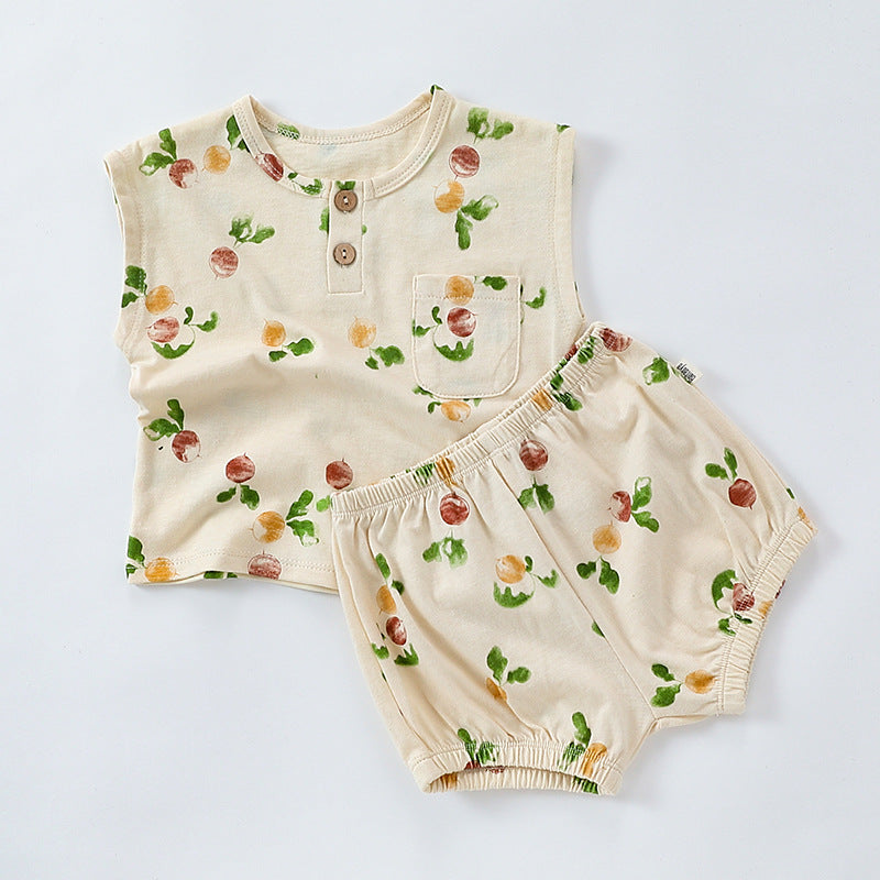 Sleeveless Fruit Pattern Shorts Set フルーツ 半袖Tシャツ ショートパンツ セット【mh0013586】