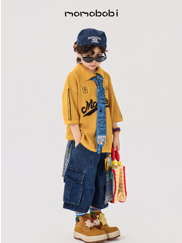 Knitted Letter Polo & Denim Shorts ニットポロシャツ デニムハーフパンツ【mh0013000】