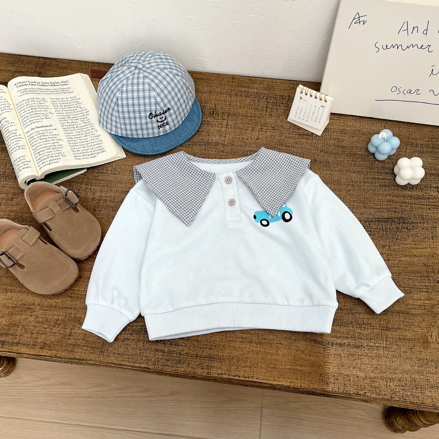 Sudadera con cuello, bordado, botones a presión y estampado de coches, de algodón, para bebé y niño, de manga larga【mh0013995】
