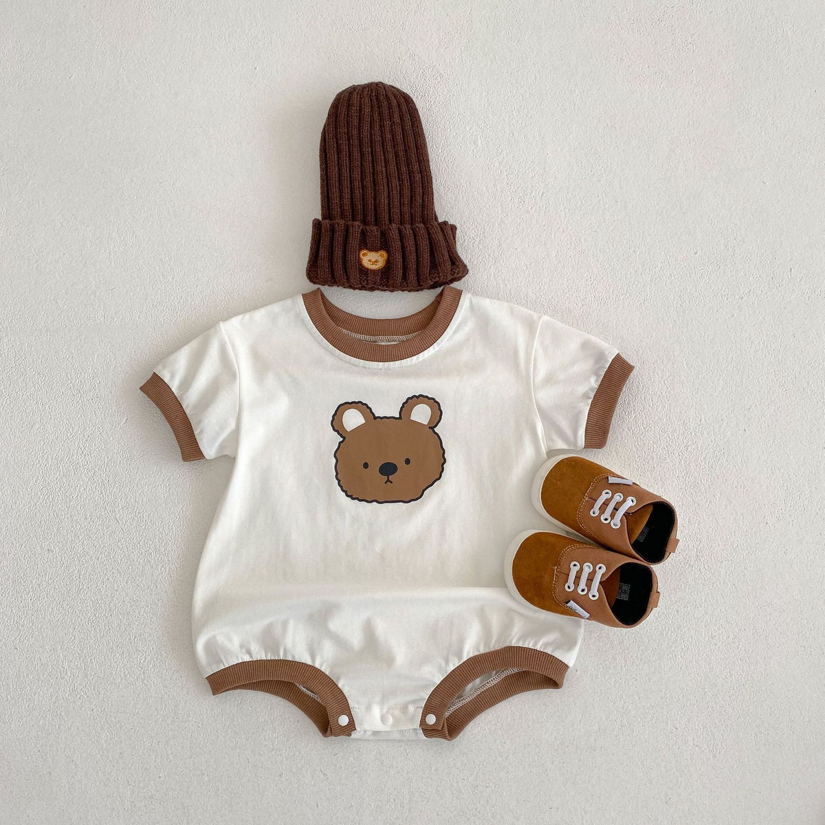 Baby Bear Print Bicolor Piping Short Sleeve Romper [mh0001860]