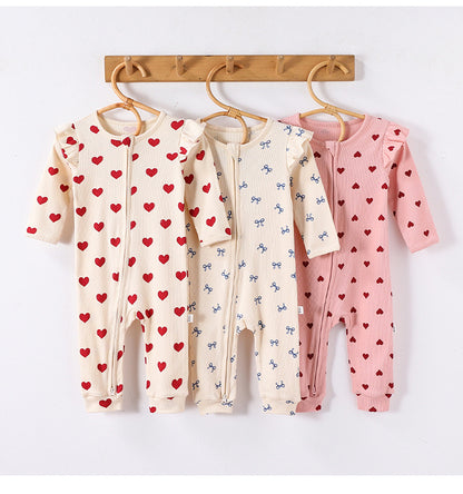 -ハート/リボンプリントジップアップ長袖ジャンプスーツ【mh0010734】 - mamahalo shop - 長袖ロンパース -  べビー服 - 子供服 - 男の子 - 女の子