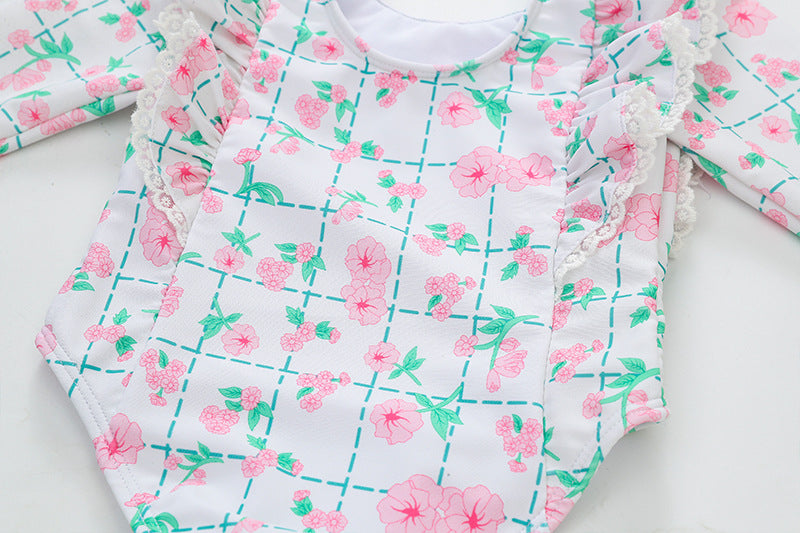 -キッズ 水着 長袖 ワンピース フリル フラワー 花柄 チェック スイムウェア 帽子 セット ガールズ【mh0001992】 - mamahalo shop - ベビー用水着 -  べビー服 - 子供服 - 男の子 - 女の子