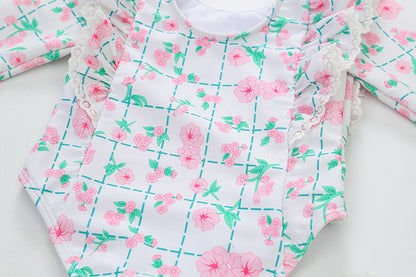 -キッズ 水着 長袖 ワンピース フリル フラワー 花柄 チェック スイムウェア 帽子 セット ガールズ【mh0001992】 - mamahalo shop - ベビー用水着 -  べビー服 - 子供服 - 男の子 - 女の子