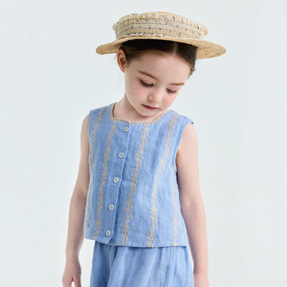 Embroidered Linen Vest and Pants Set ノースリーブ トップス ロングパンツ【mh0013182】