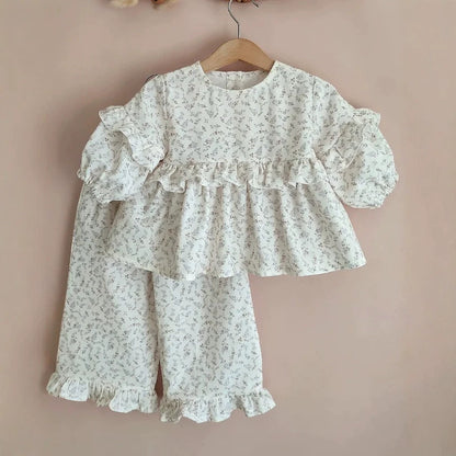 【mh0014750】2027 INS Ruso Top floral de muñeca de algodón para niñas + Pantalones anchos de encaje, Dos piezas francesas para niños