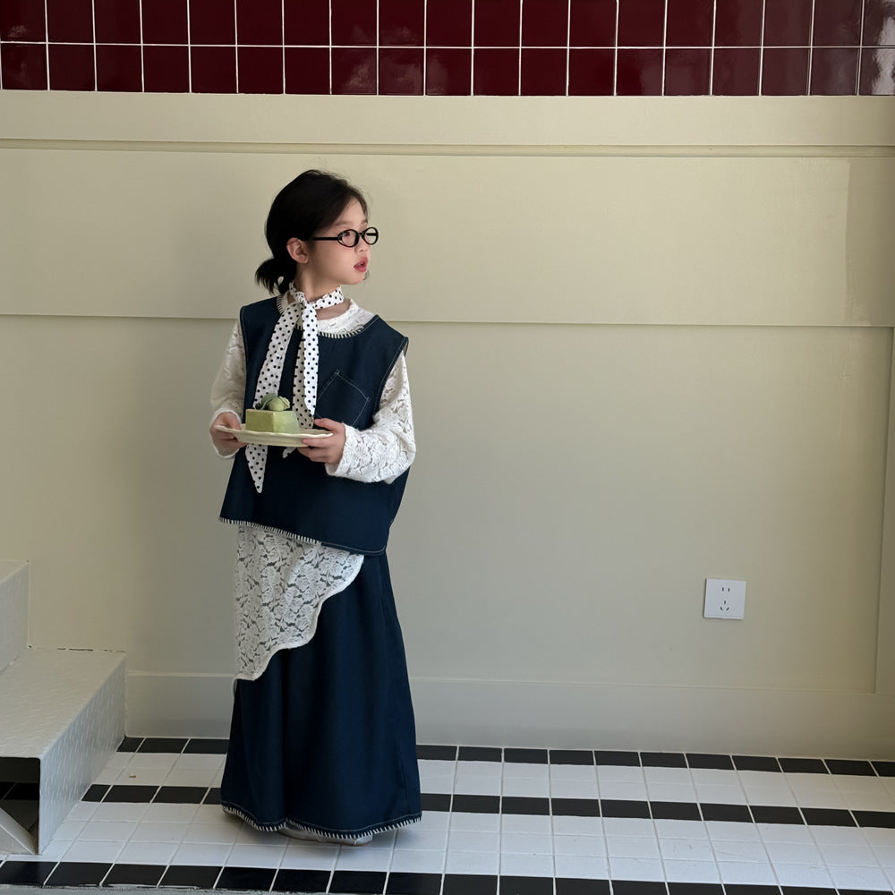 -デニムベスト+ワイドパンツセットアップ 2点セット/レースアシメ重ね着長袖ワンピース【mh0010969】 - mamahalo shop - ノースリーブセットアップ -  べビー服 - 子供服 - 男の子 - 女の子