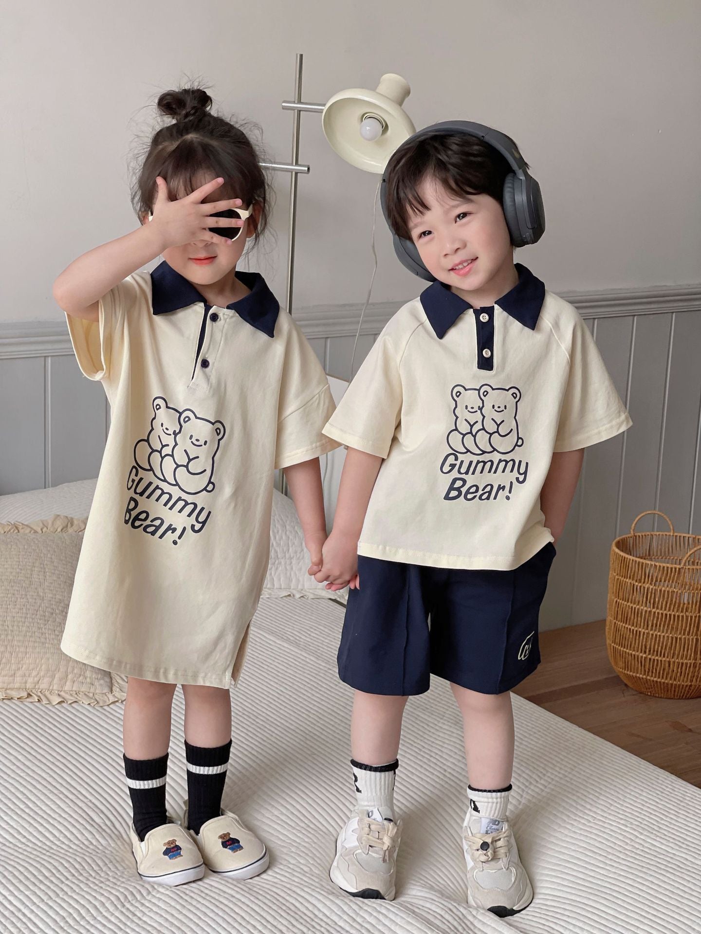 Polo de manga corta con estampado de osos para niños, pantalones cortos y vestido [mh0001950]