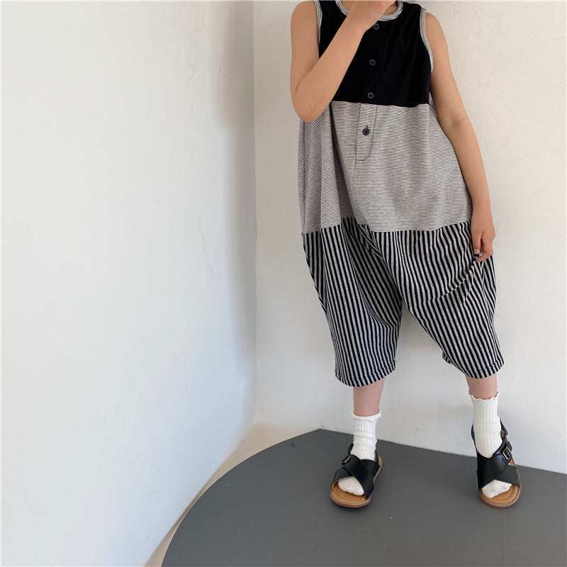 Striped Sleeveless Jumpsuit パッチワーク ノースリーブオールインワン【mh0013635】