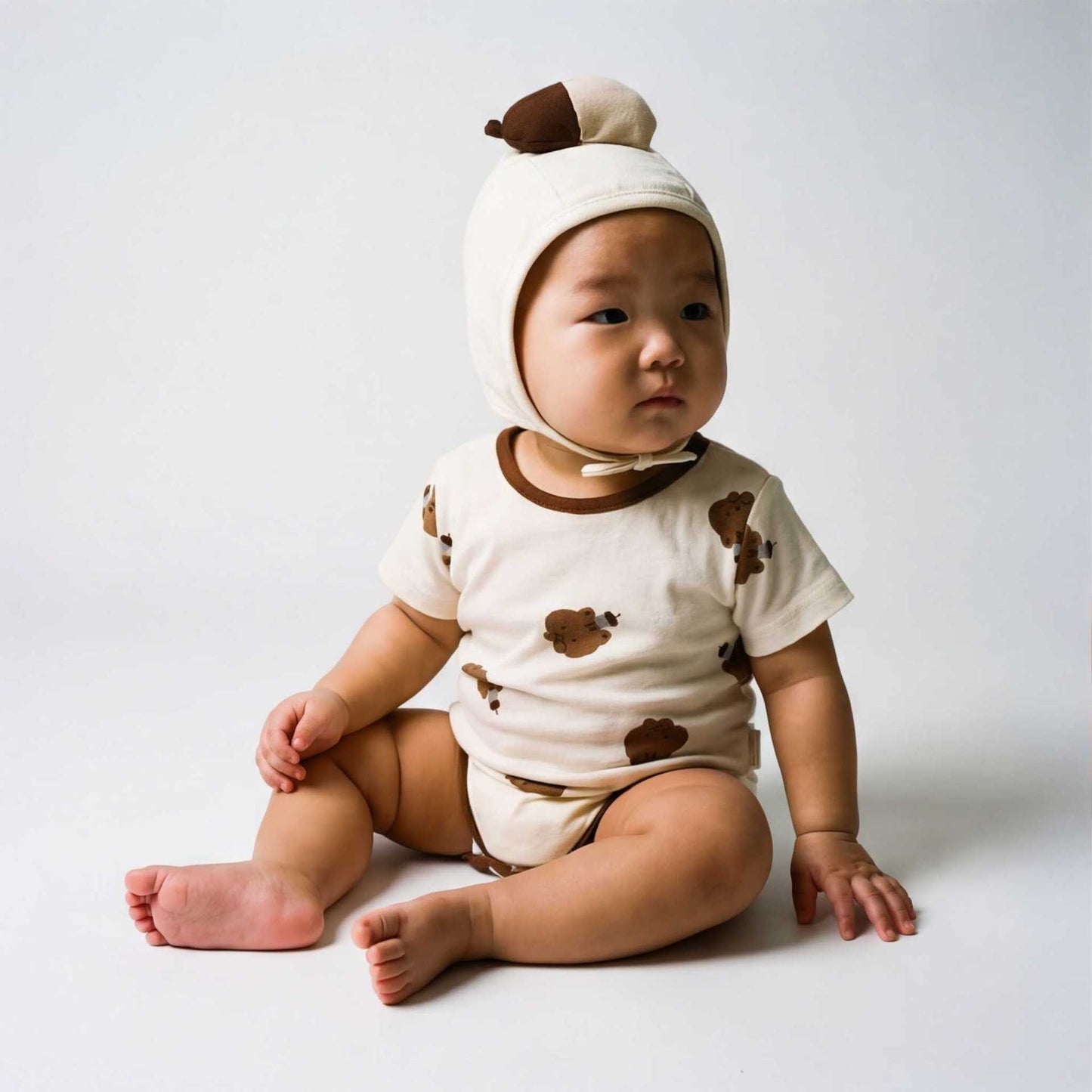Short Sleeved Squirrel Print Jumpsuit With Chestnut Hat リスプリント 半袖ロンパース【mh0013360】