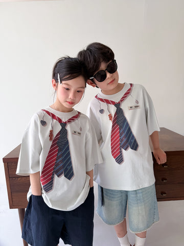 Faux Tie Printed Loose Tee ネクタイ 半袖Tシャツ【mh0013533】