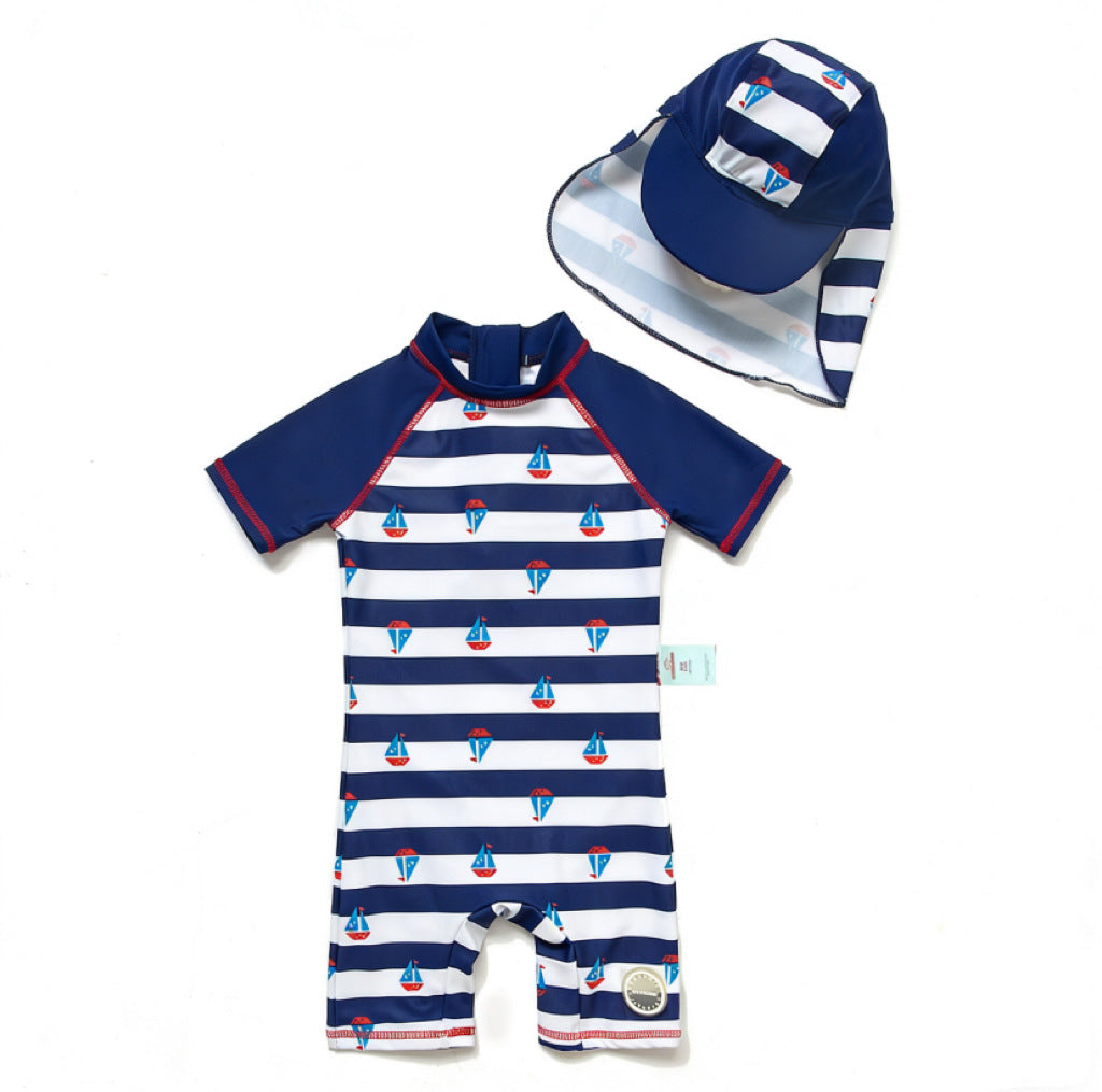 Striped Swimsuit With Matching Cap マリン 半袖水着 帽子セット【mh0013320】
