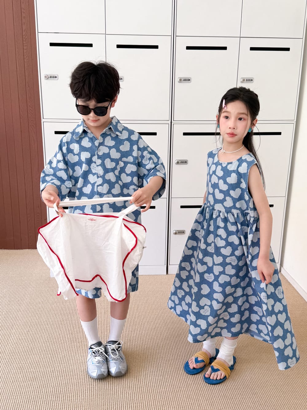 Heart Pattern Denim Set Dress ハート 半袖シャツ ハーフパンツ ノースリーブワンピース【mh0013526】