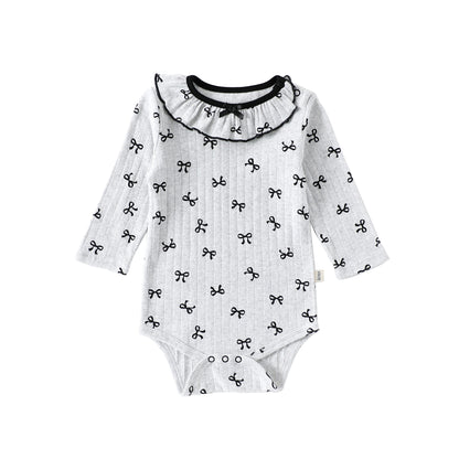 長袖ロンパース ラッフル襟 リボンプリント ボディスーツ【mh0011728】