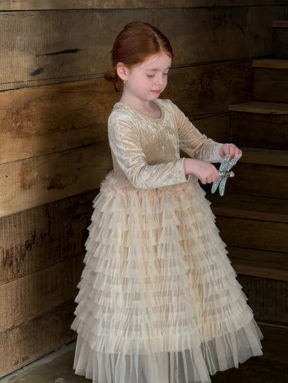 長袖ワンピース ベロア チュチュ チュールスカート パーティドレス【mh0011881】