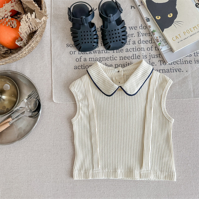 Kids' Ribbed Sleeveless T-shirt with Collar and Round Neck【mh0001795】