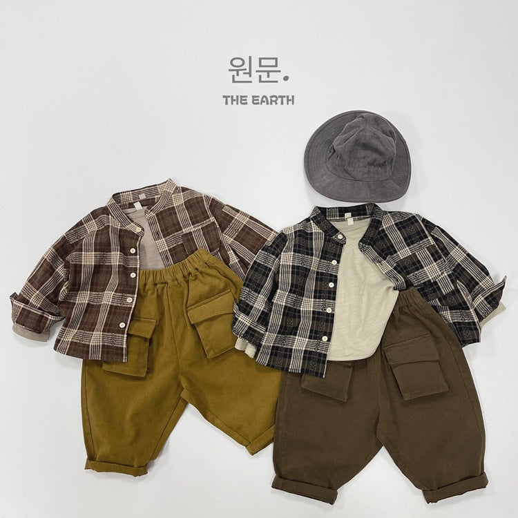 キッズ チェック バンドカラー ルーズ 長袖シャツ【mh0013930】