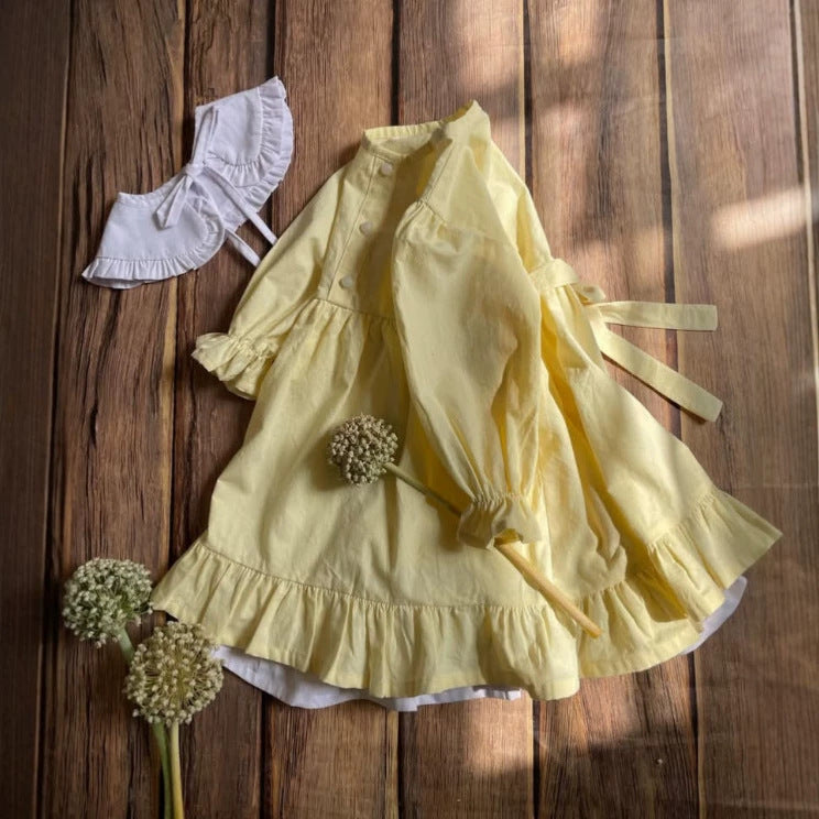Kids' Long-Sleeve Dress with Ruffled Collar and Bow [mh0014755]