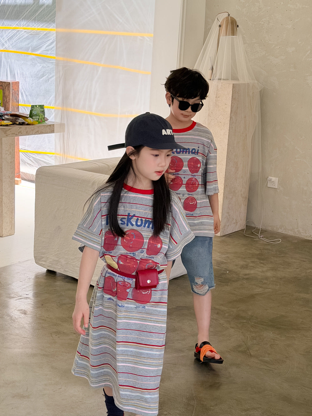 Apple Print Short Sleeve T-Shirt Dress リンゴプリント 半袖Tシャツ 半袖ワンピース【mh0013529】