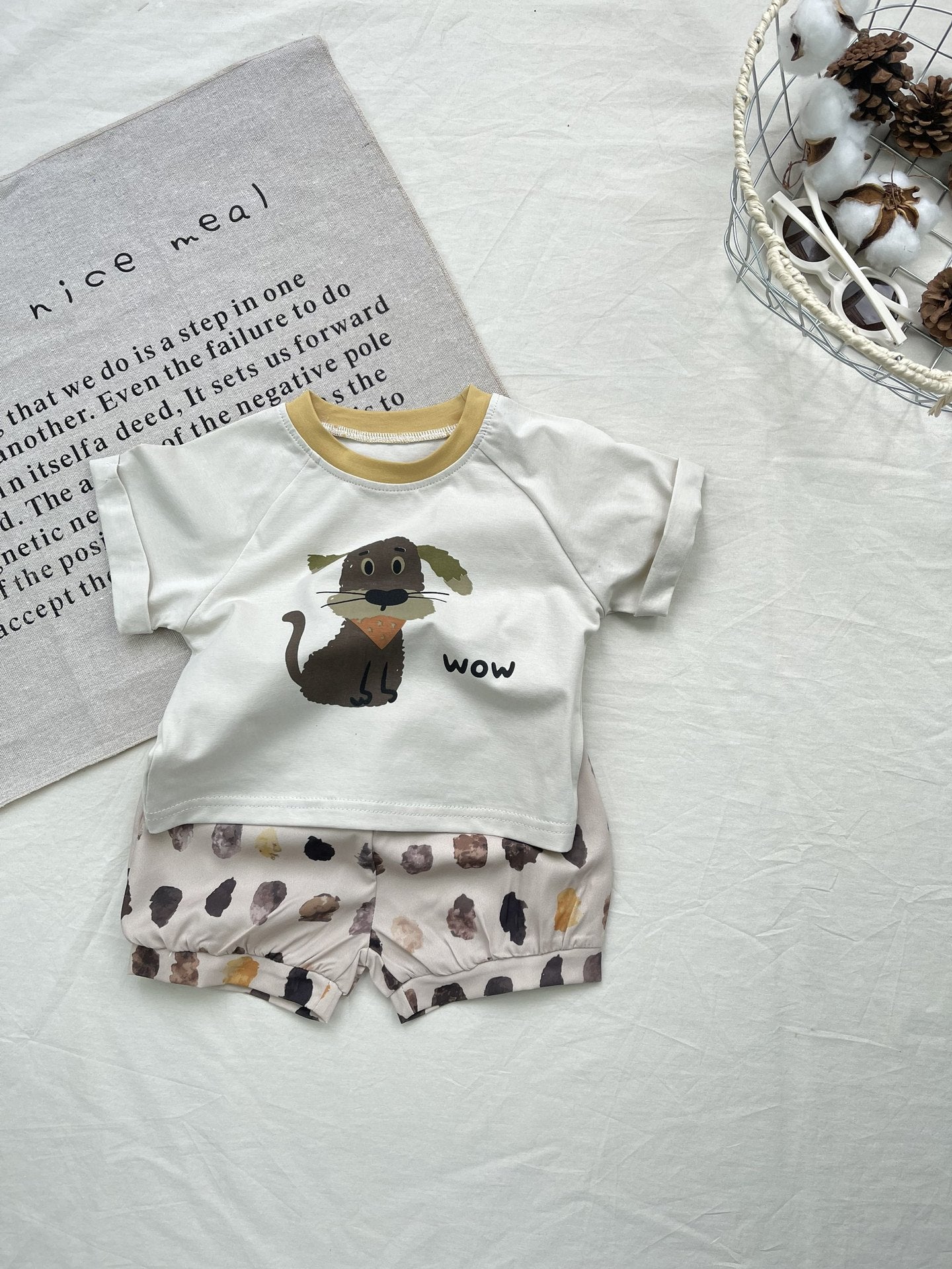 Cartoon Dog Printed Cotton Set ドッグプリント 半袖Tシャツ ショートパンツセット【mh0012918】