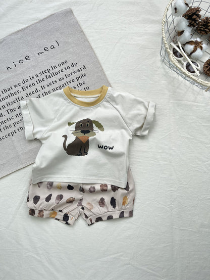 Cartoon Dog Printed Cotton Set ドッグプリント 半袖Tシャツ ショートパンツセット【mh0012918】