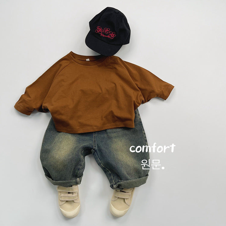 キッズ 無地 クルーネック ルーズ 長袖Tシャツ【mh0013932】