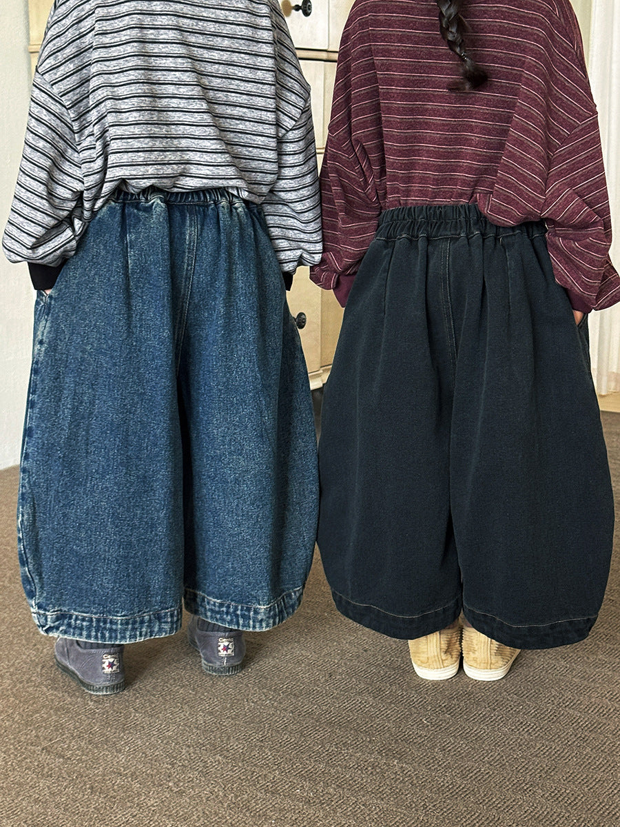 キッズ パッチワーク ウォッシュ ワイド ルーズ クロップド デニムパンツ【mh0014299】
