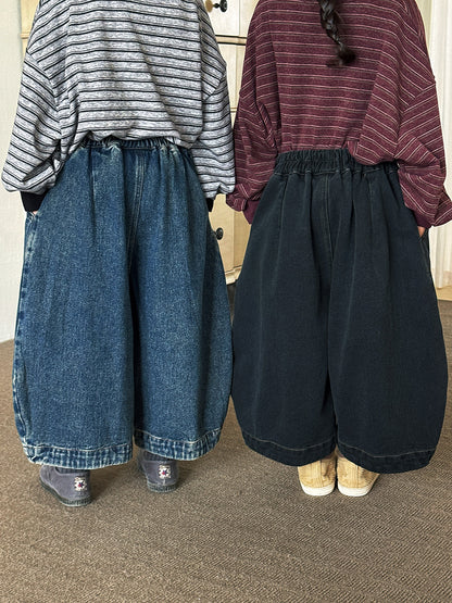キッズ デニムパンツ 2色セット風、パッチワーク風 ウォッシュ加工のワイドシルエット