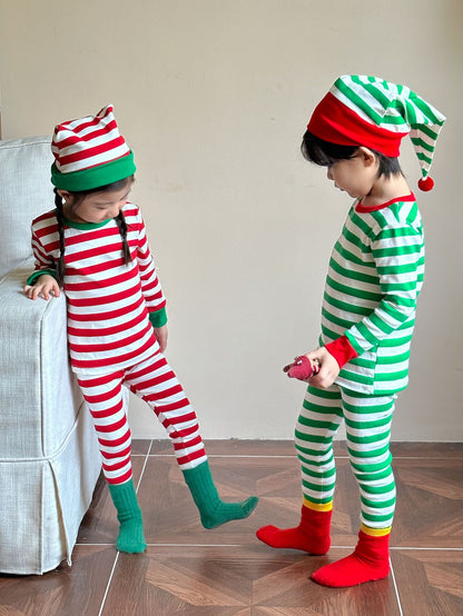 Kids' striped long-sleeve T-shirt, easy-fit long pants, and pom-pom motif cap: 3-piece set【mh0008100】