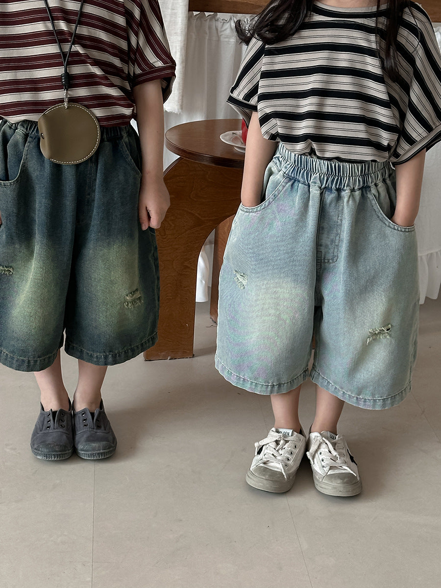 Vintage Distressed Wide Denim Capris ヴィンテージ ハーフデニムパンツ【mh0013462】
