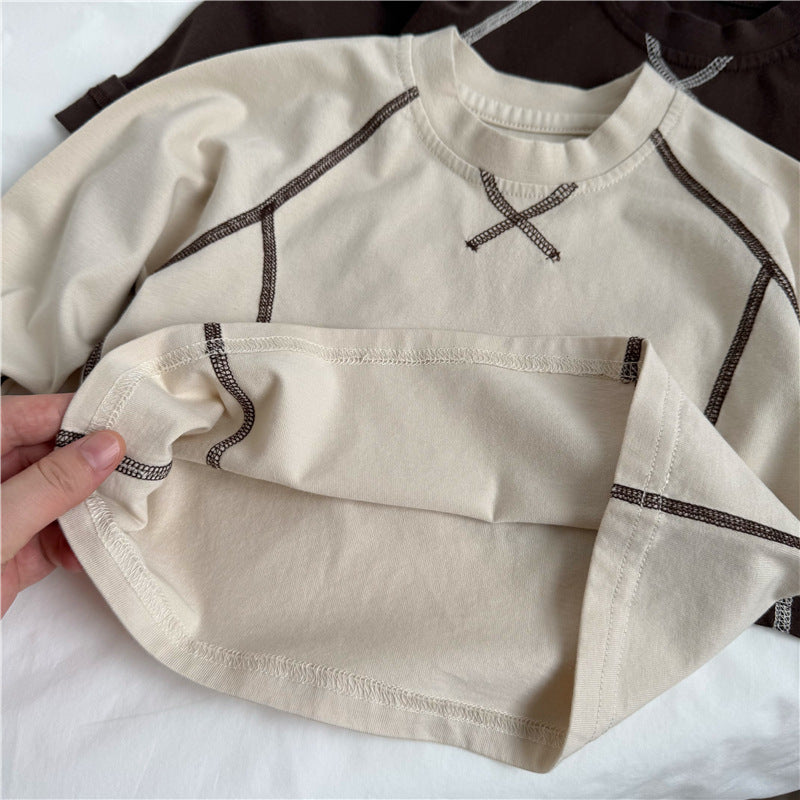 キッズ アウトライン クロスステッチ オーバーサイズ クルーネック 長袖Tシャツ【mh0014340】