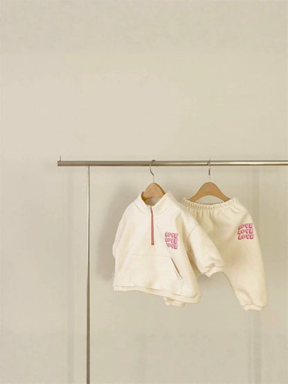 Conjunto de sudadera de manga larga con media cremallera y estampado de logotipo y pantalón largo para bebés y niños 【mh0014638】