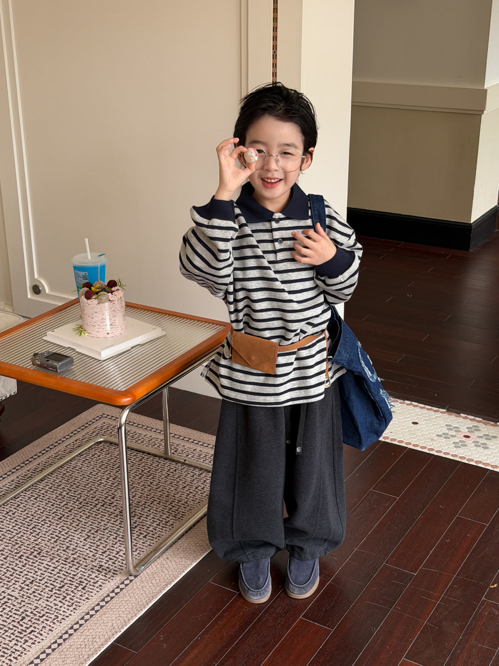Polo de manga larga suelto con cuello de polo y rayas para niños【mh0013914】