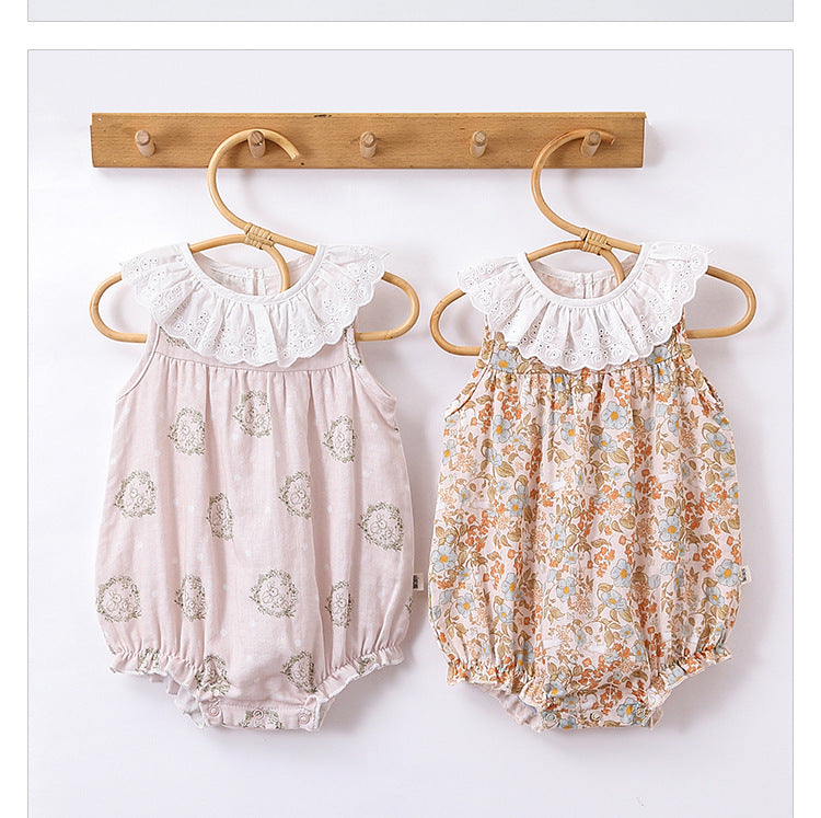 Lace Ruffle Collar Patterned Romper レース ノースリーブロンパース【mh0013607】