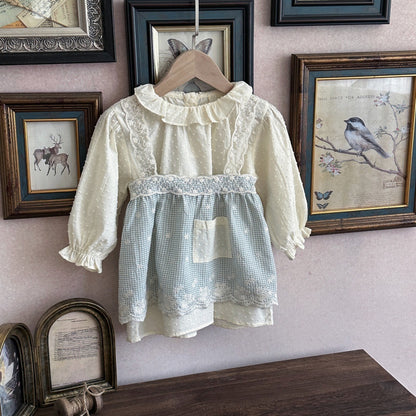 Vestido de manga larga para bebé y niña con cuello con volantes, jacquard, estampado de cuadros vichy y vestido tipo camisola con encaje 【mh0014482】