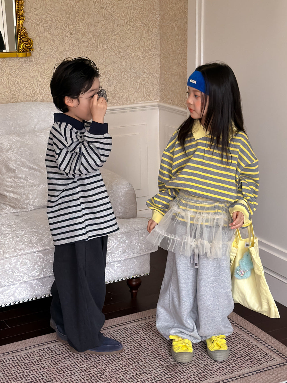 Polo de manga larga suelto con cuello de polo y rayas para niños【mh0013914】