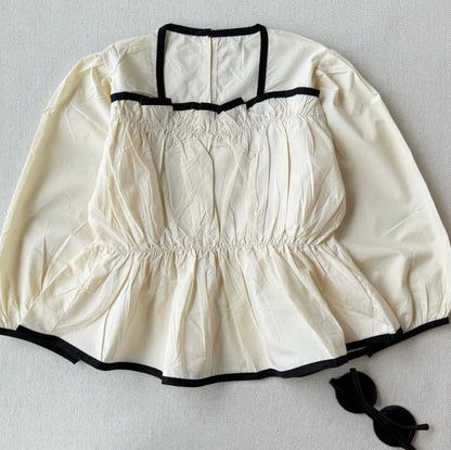 27ins Primavera y otoño rusa: elegante blusa entallada de manga larga para niña, de algodón y lino, con bloques de color blanco y negro y diseño 3D【mh0014747】