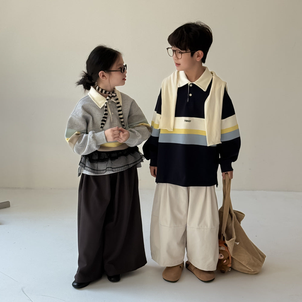 -ビッグボーダー長袖スウェットポロシャツ ロゴ刺繍入り襟付きトップス【mh0010779】 - mamahalo shop - 長袖シャツ・ブラウス -  べビー服 - 子供服 - 男の子 - 女の子