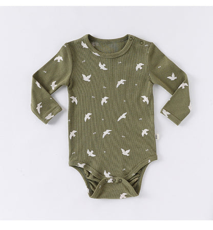 -クロワッサン/バードプリント長袖ボディスーツ/ロングパンツ【mh0010737】 - mamahalo shop - ロンパースセットアップ -  べビー服 - 子供服 - 男の子 - 女の子