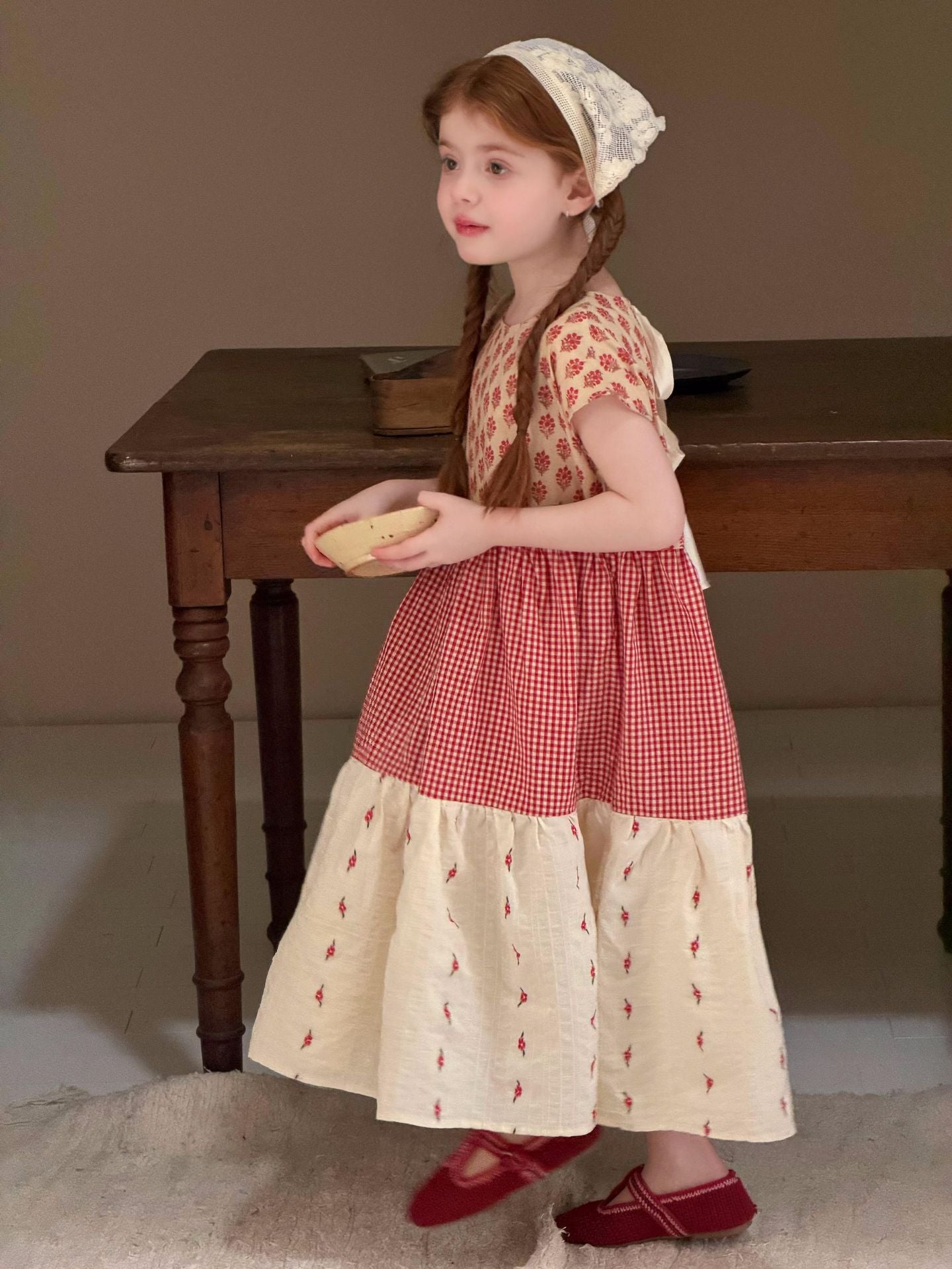 Gingham Floral Tiered Dress 花柄 ギンガム 半袖ワンピース【mh0012873】