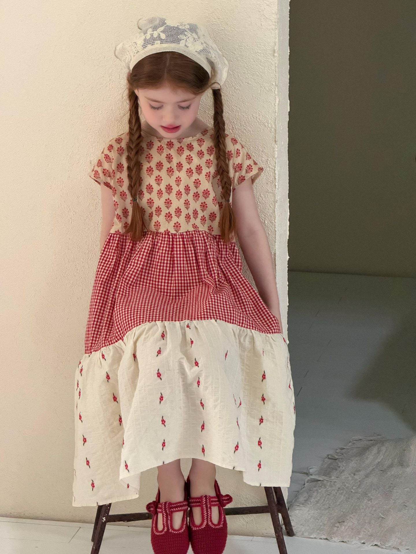 Gingham Floral Tiered Dress 花柄 ギンガム 半袖ワンピース【mh0012873】