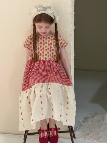 Gingham Floral Tiered Dress 花柄 ギンガム 半袖ワンピース【mh0012873】
