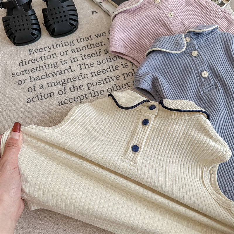 Kids' Ribbed Sleeveless T-shirt with Collar and Round Neck【mh0001795】
