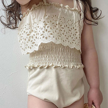 Kids' Lace Ruffle Shirred Hat and One-Piece Swimsuit Set [mh0002002]