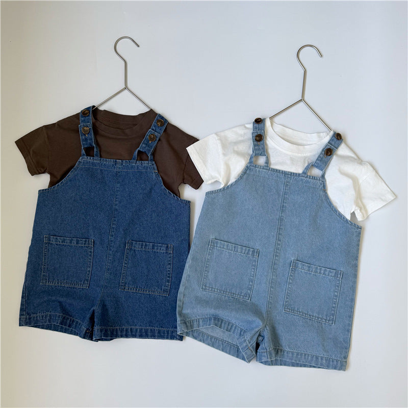 Denim Button Suspender Shorts デニム サロペットショートパンツ【mh0013646】