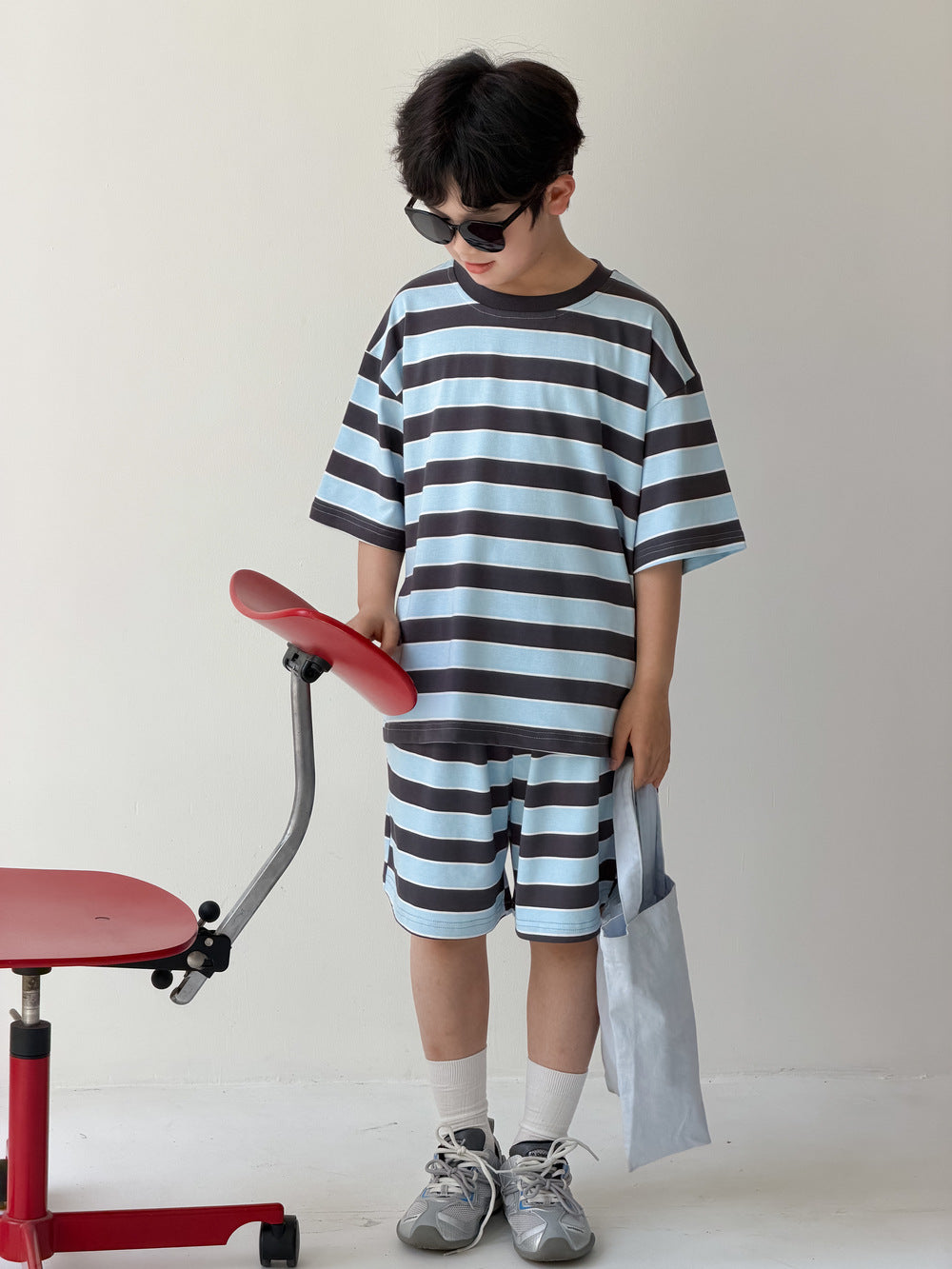 Casual Stripe Loose Dress Set ボーダー 半袖Tシャツ ハーフパンツ セット ノースリーブワンピース【mh0013537】