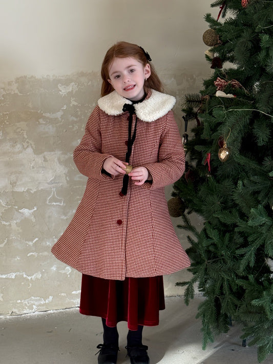 Aラインレトロコート チェック 丸襟 キルティング ファーリボンつけ襟【mh0011889】