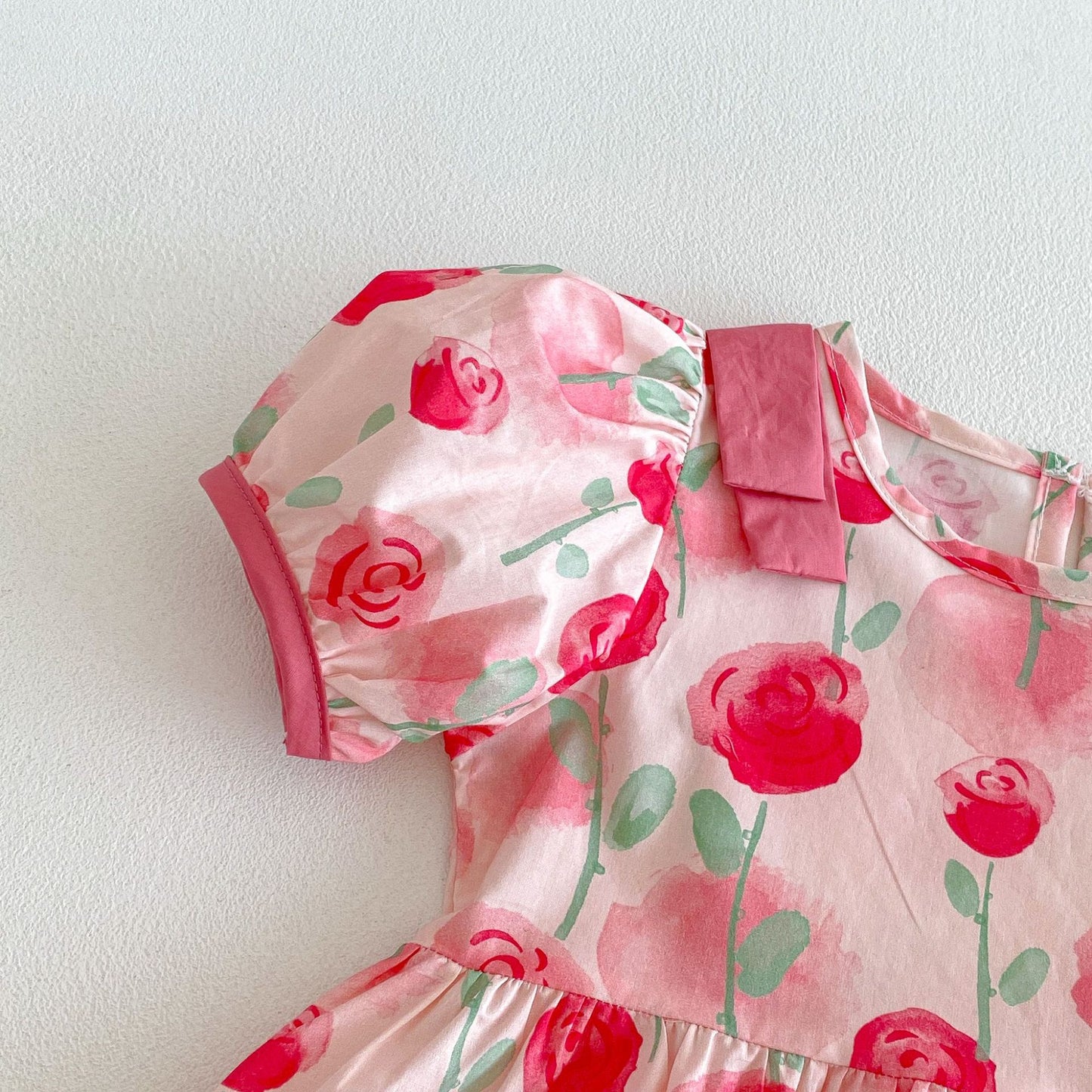 Kids' Floral Print Ribbon Puff-Sleeve Short-Sleeve Dress [mh0013853]