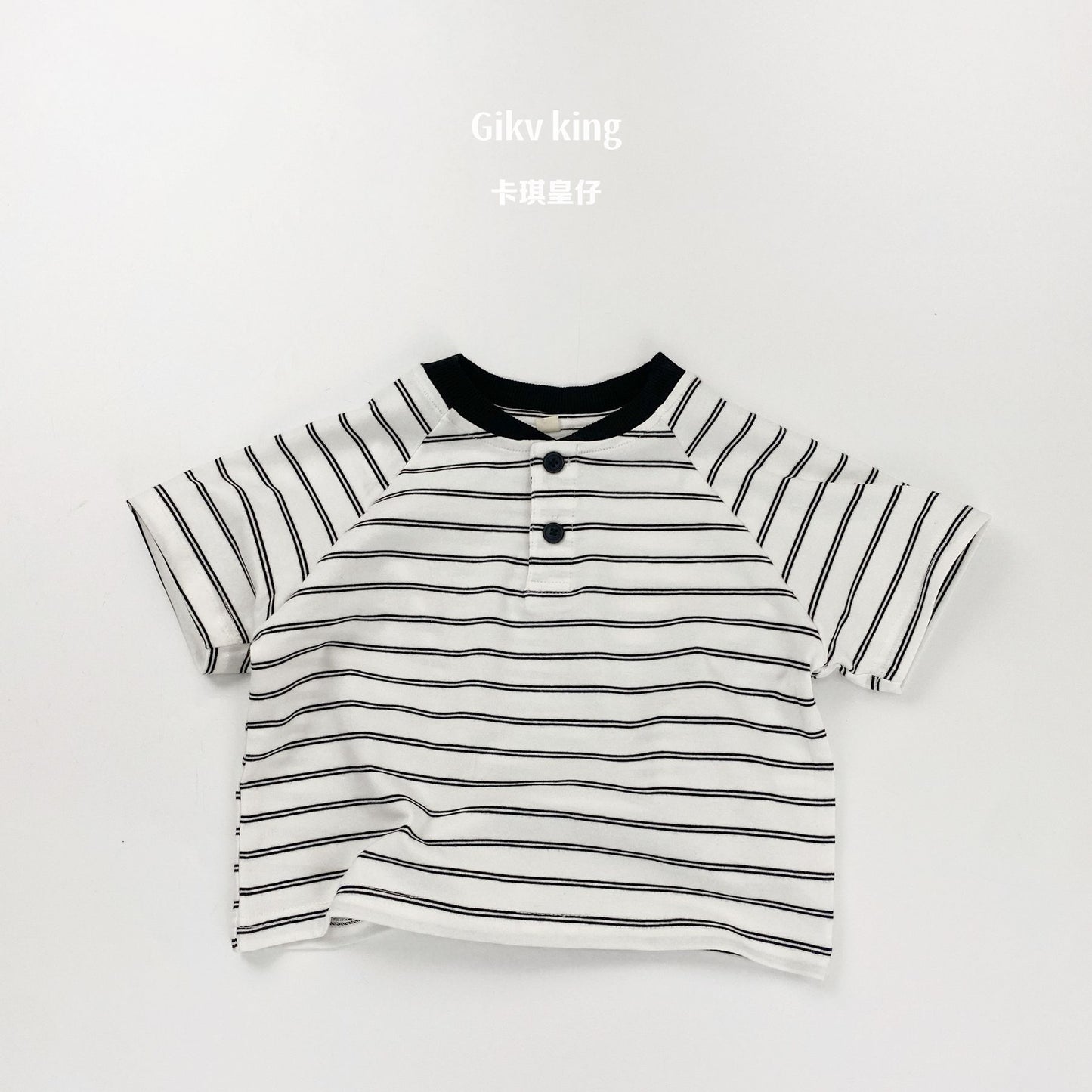 Striped Henley Neck Raglan Tee ボーダー 半袖Tシャツ【mh0013481】