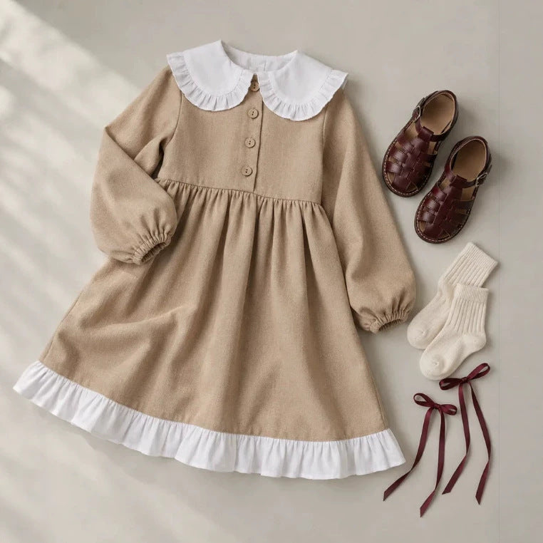 2027 INS Rusia Vestido sencillo de lino y algodón para niña con cuello de muñeca y encaje, vestido de princesa estilo JK infantil【mh0014746】